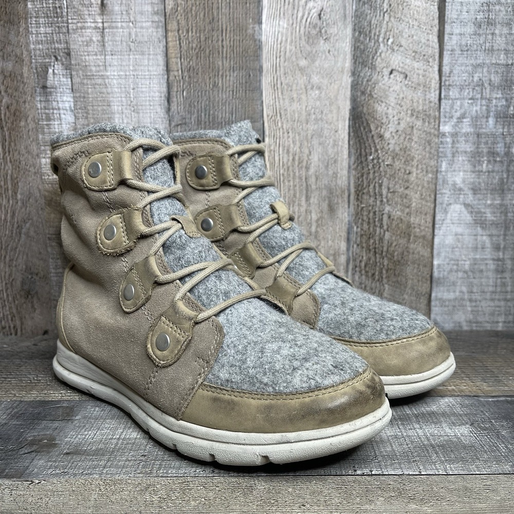 Womens Sorel Explorer Joan II Khaki Brown Leather Mid Lace Up Boots Size 7.5 M‎